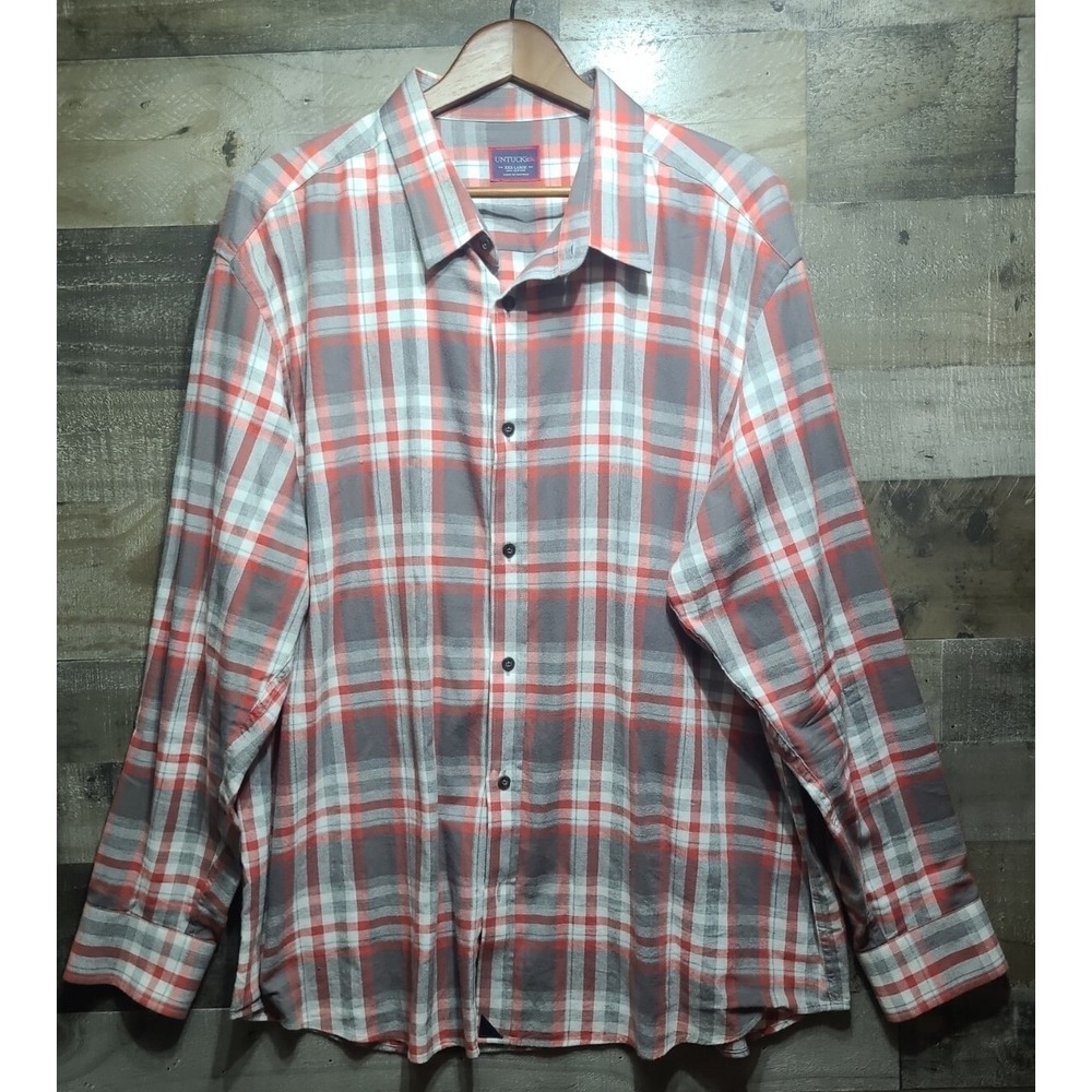 UntuckiT Button Up Large Red White‎ Gray Plaid Long Sleeve Men's Size 3XL XXXL